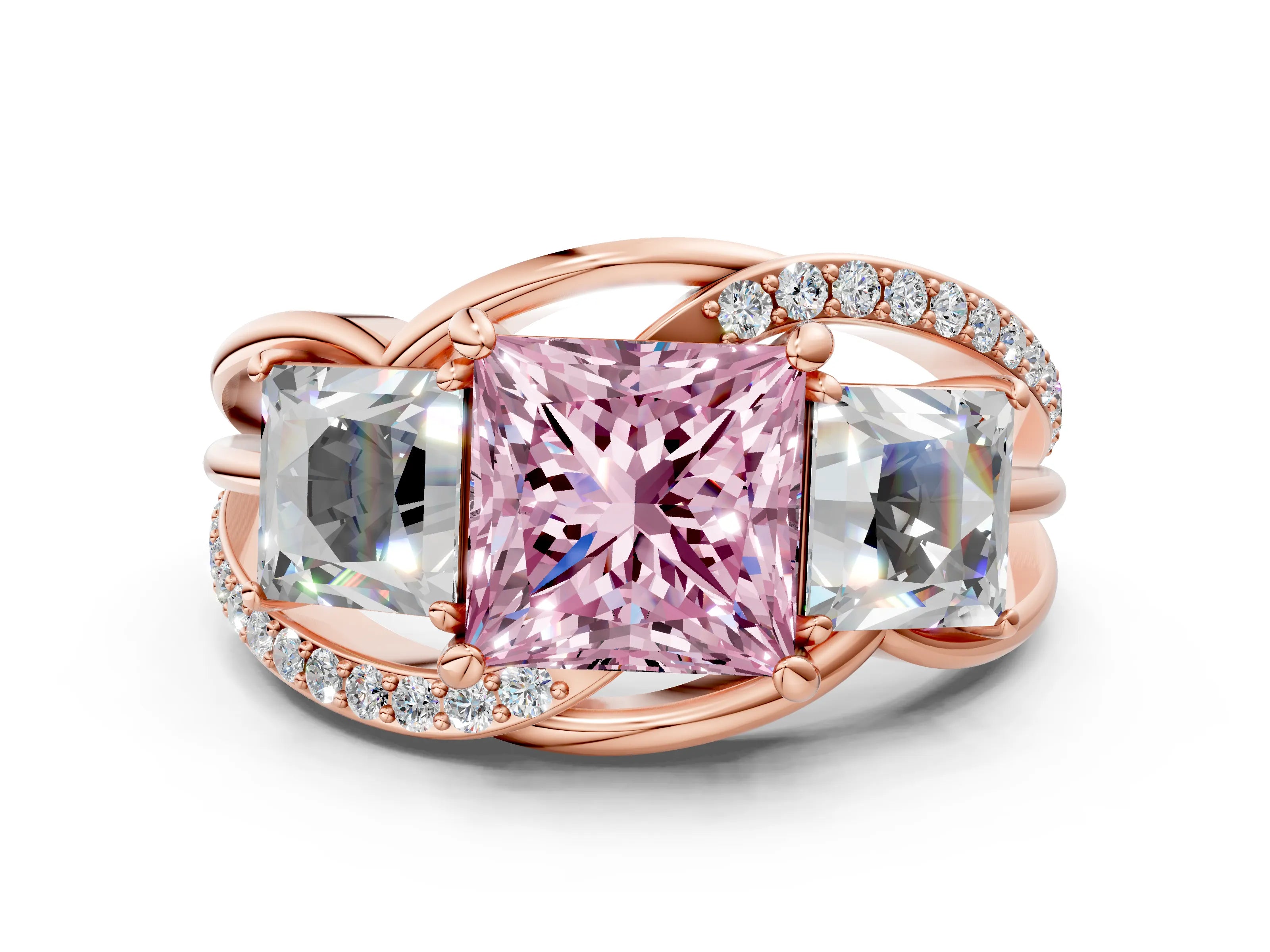 Rose gold Three-Stone Fancy Pink Princess Cut Cut Diamond Split Shank Prong Set Ring_12