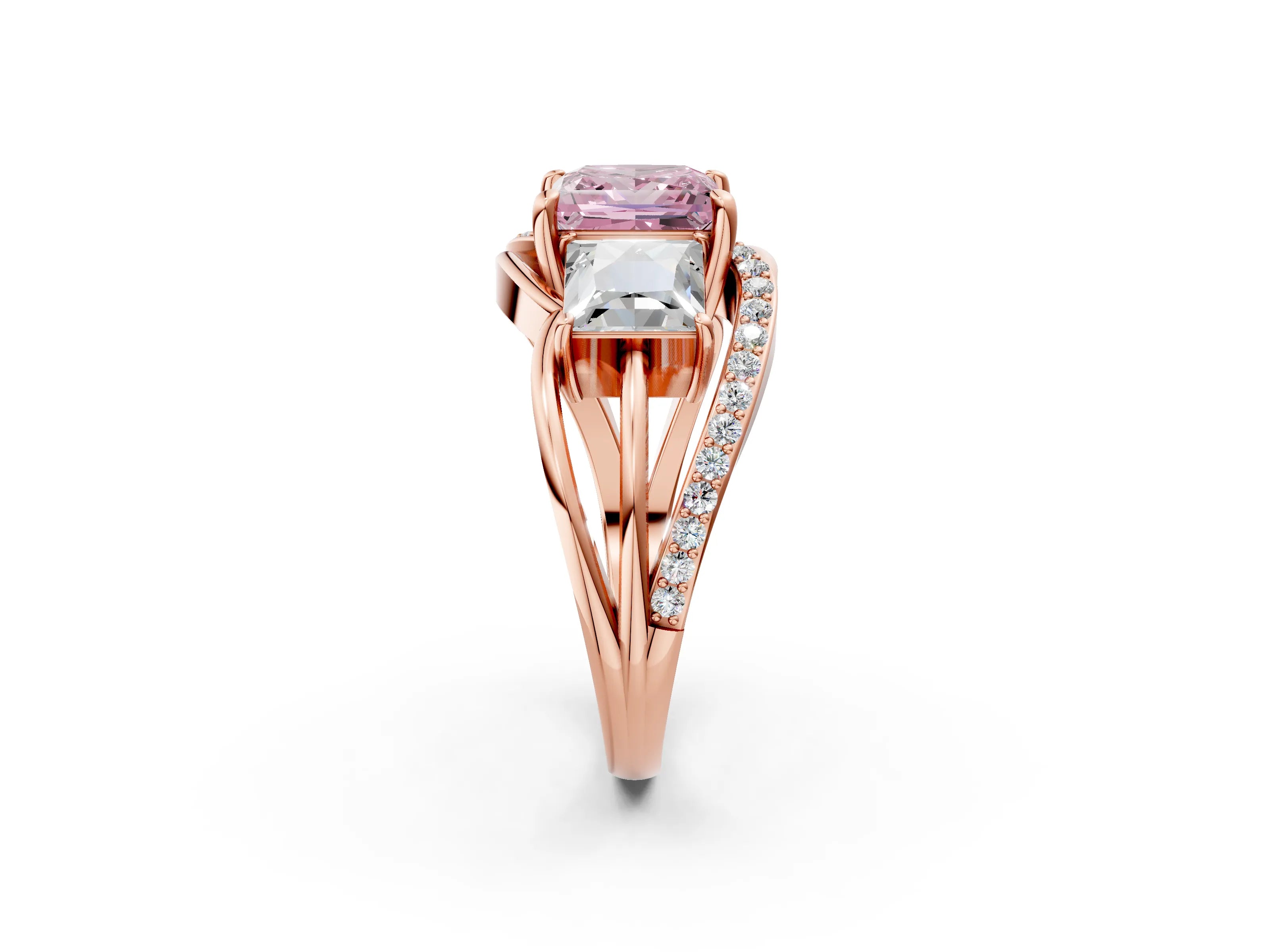 Rose gold Three-Stone Fancy Pink Princess Cut Cut Diamond Split Shank Prong Set Ring_14