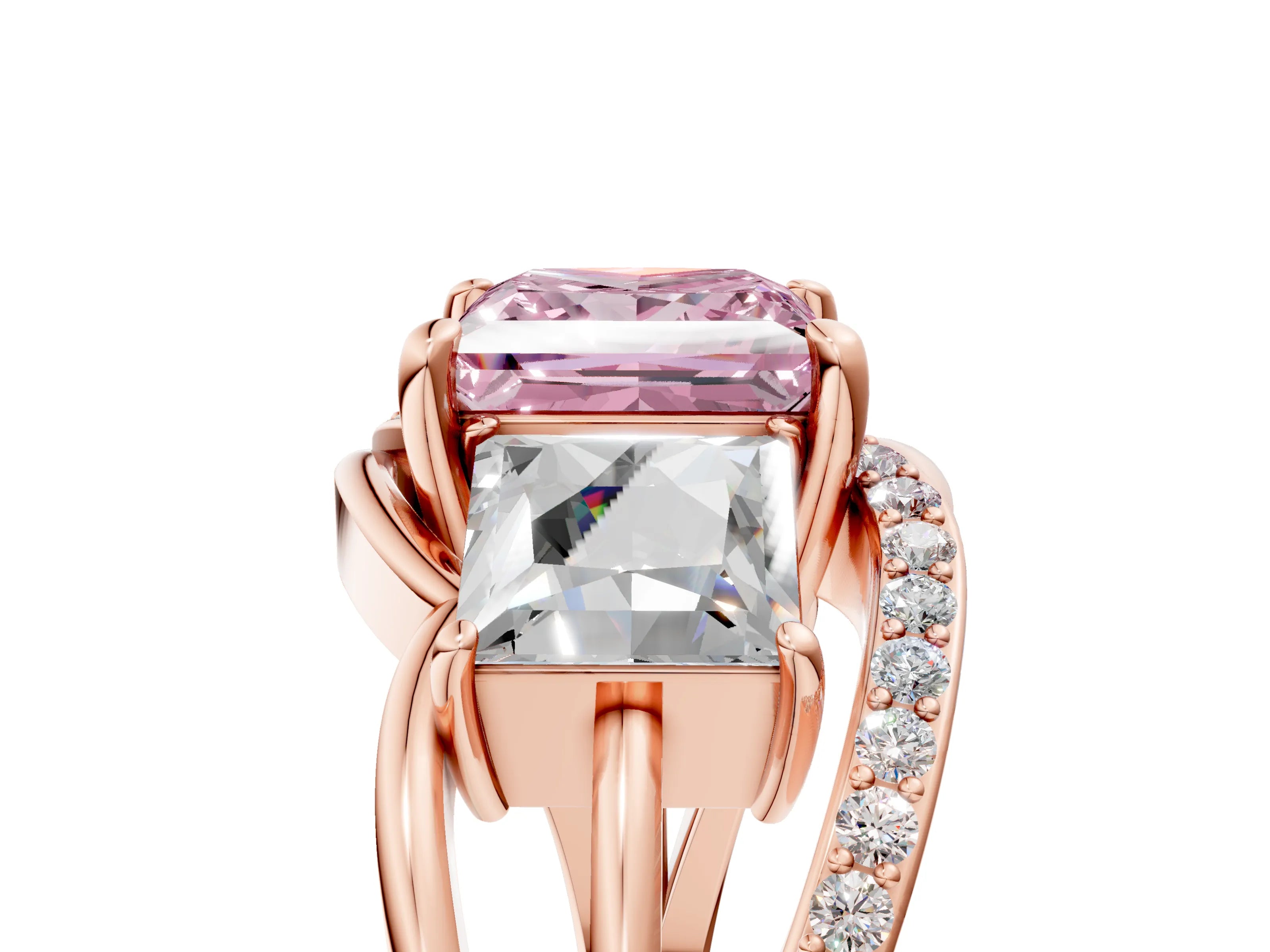 Rose gold Three-Stone Fancy Pink Princess Cut Cut Diamond Split Shank Prong Set Ring_17
