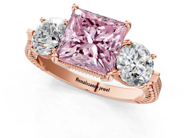 Rose Gold Princess Cut Vintage Three Stone Engagement Ring Setting for Fancy Pink Center