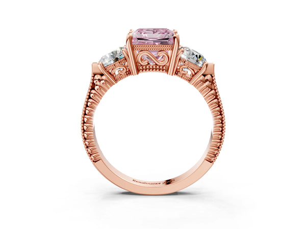 Rose Gold Princess Cut Vintage Three Stone Engagement Ring Setting for Fancy Pink Center