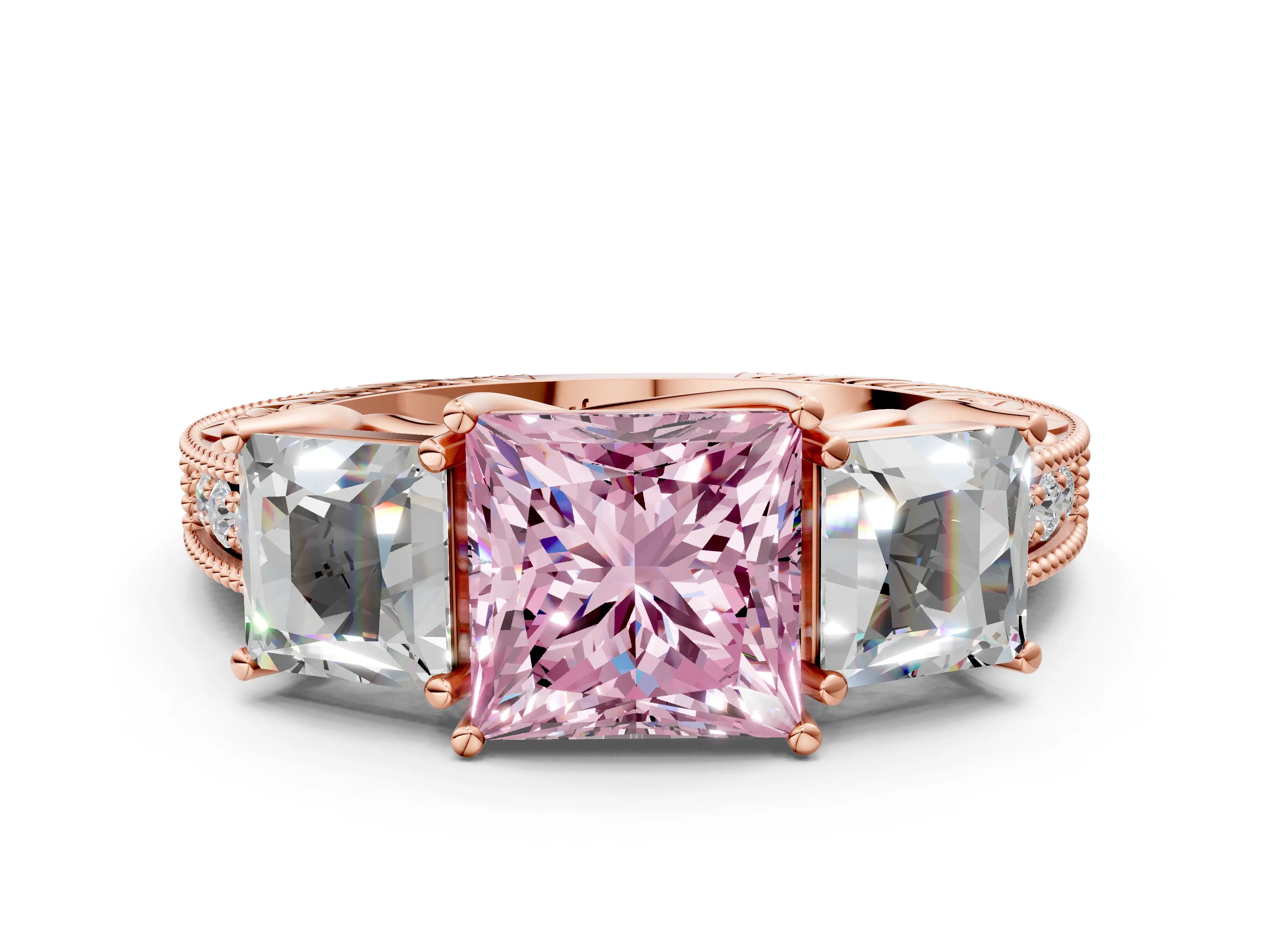 Rose gold Three-Stone Fancy Pink Princess Cut Cut Milgrain Pavé Engagement Ring
