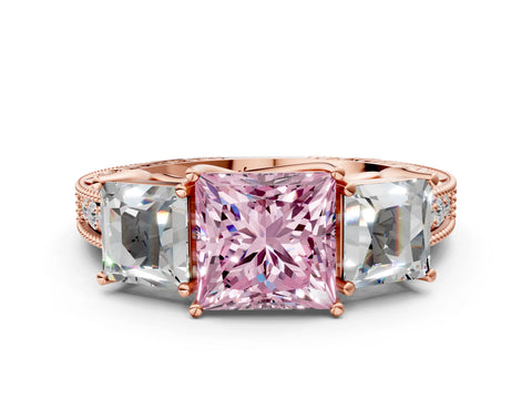 Rose gold Three-Stone Fancy Pink Princess Cut Cut Milgrain Pavé Engagement Ring_12