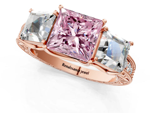 Rose gold Three-Stone Fancy Pink Princess Cut Cut Milgrain Pavé Engagement Ring_13
