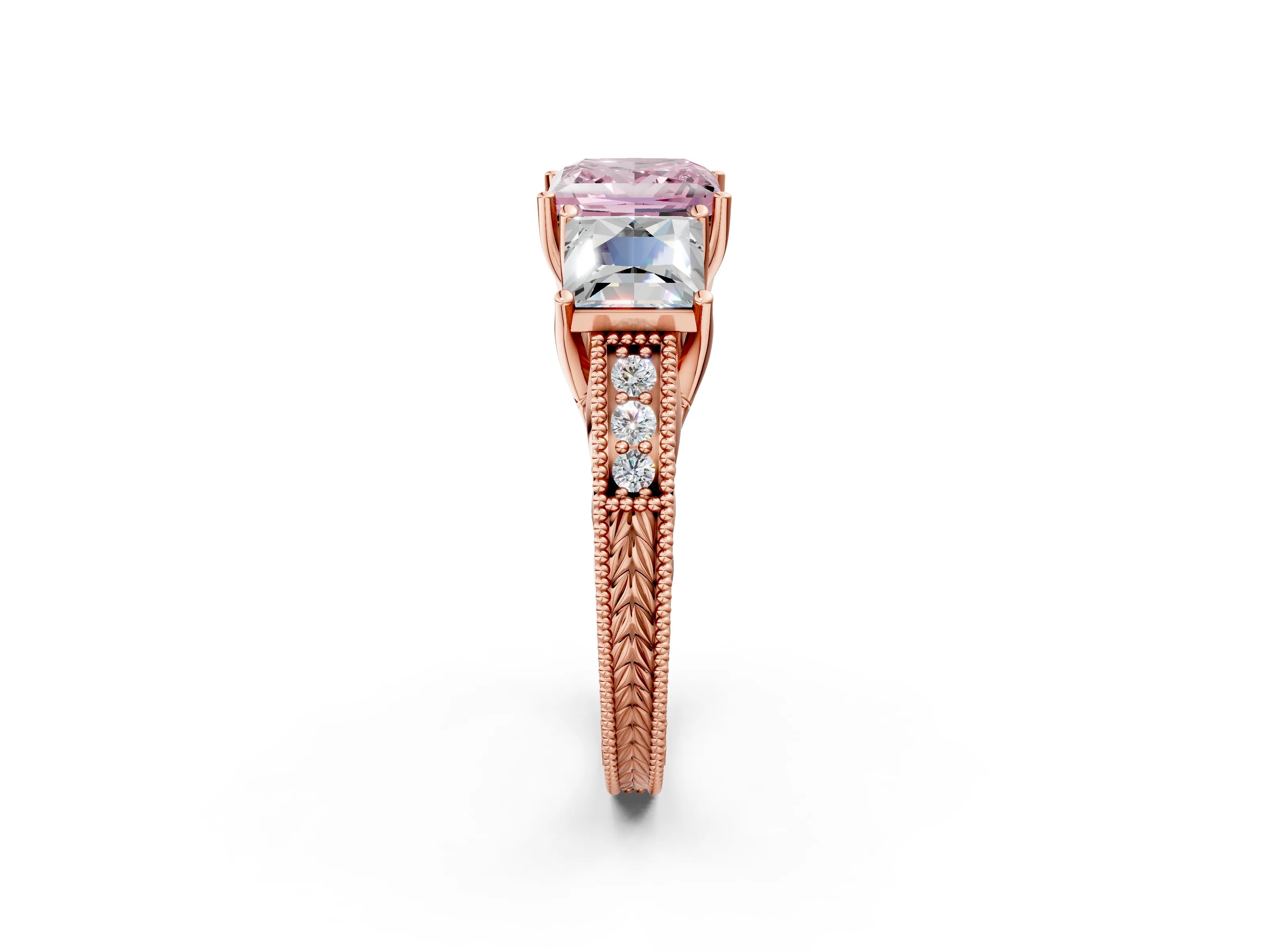 Rose gold Three-Stone Fancy Pink Princess Cut Cut Milgrain Pavé Engagement Ring_14