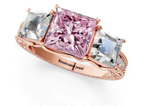 Rose gold Three-Stone Fancy Pink Princess Cut Cut Milgrain Pavé Engagement Ring_1