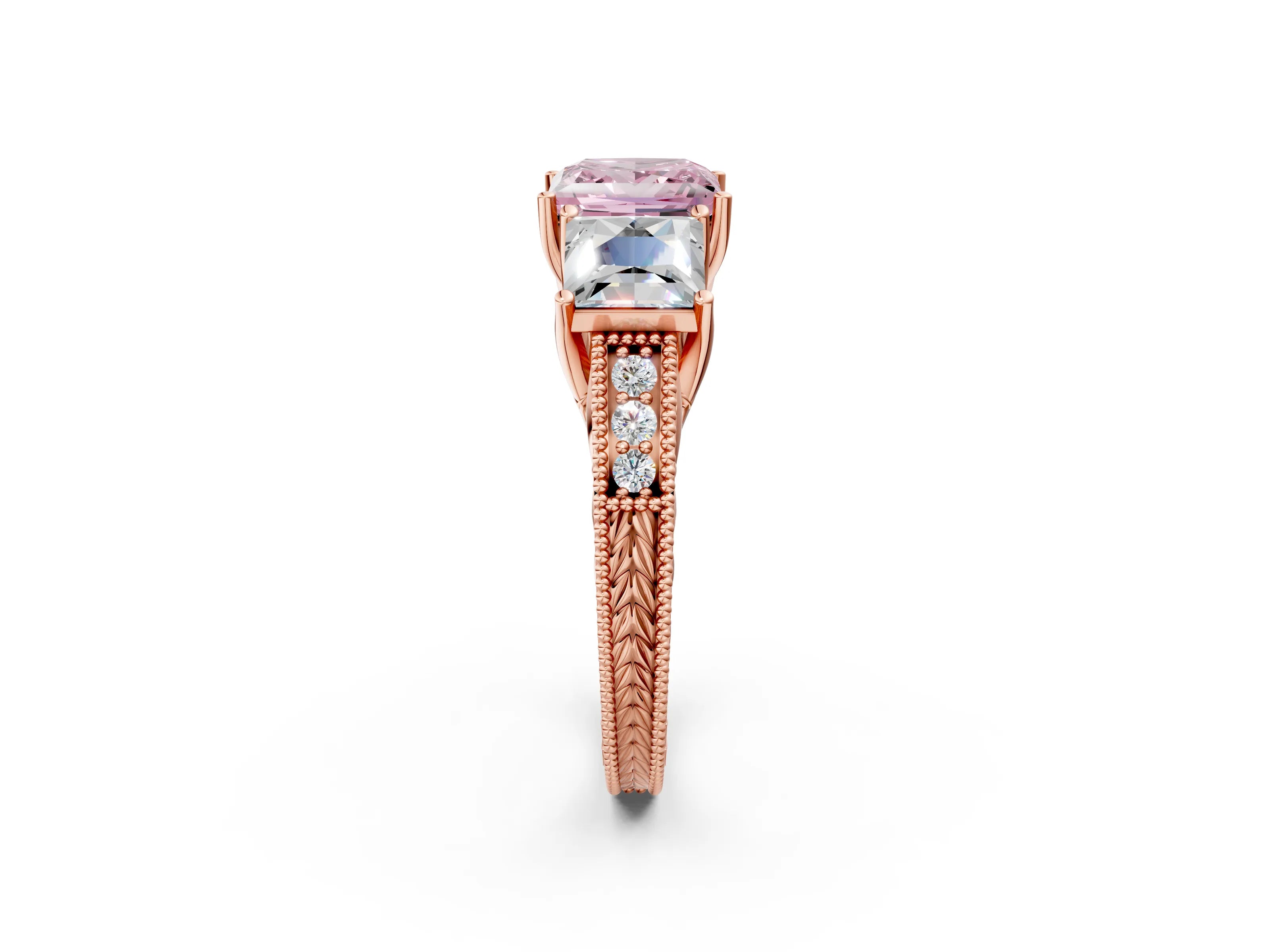 Rose gold Three-Stone Fancy Pink Princess Cut Cut Milgrain Pavé Engagement Ring_2