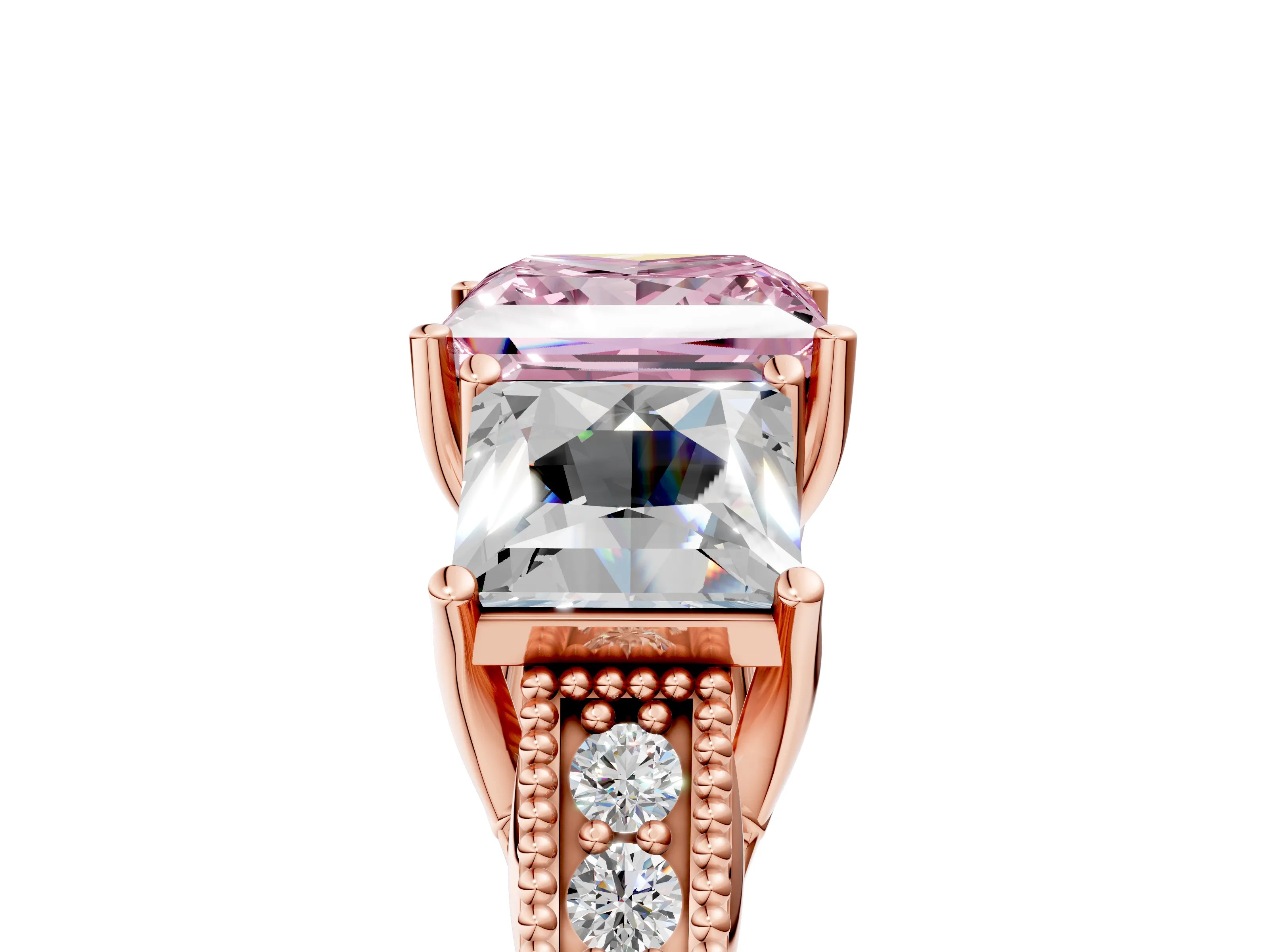 Rose gold Three-Stone Fancy Pink Princess Cut Cut Milgrain Pavé Engagement Ring_5