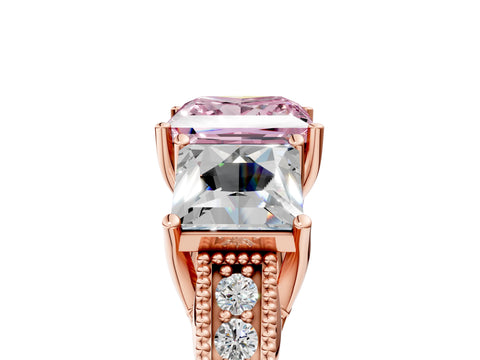 Rose gold Three-Stone Fancy Pink Princess Cut Cut Milgrain Pavé Engagement Ring_5