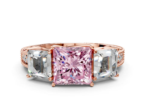 Rose gold Three-Stone Fancy Pink Princess Cut Cut Milgrain Pavé Engagement Ring