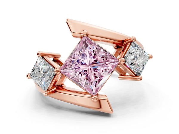 Rose gold Three-Stone Fancy Pink Princess Cut Cut Tension Band Ring with Four-Prong Setting