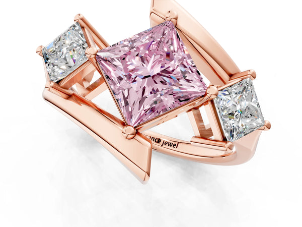 Rose gold Three-Stone Fancy Pink Princess Cut Cut Tension Band Ring with Four-Prong Setting