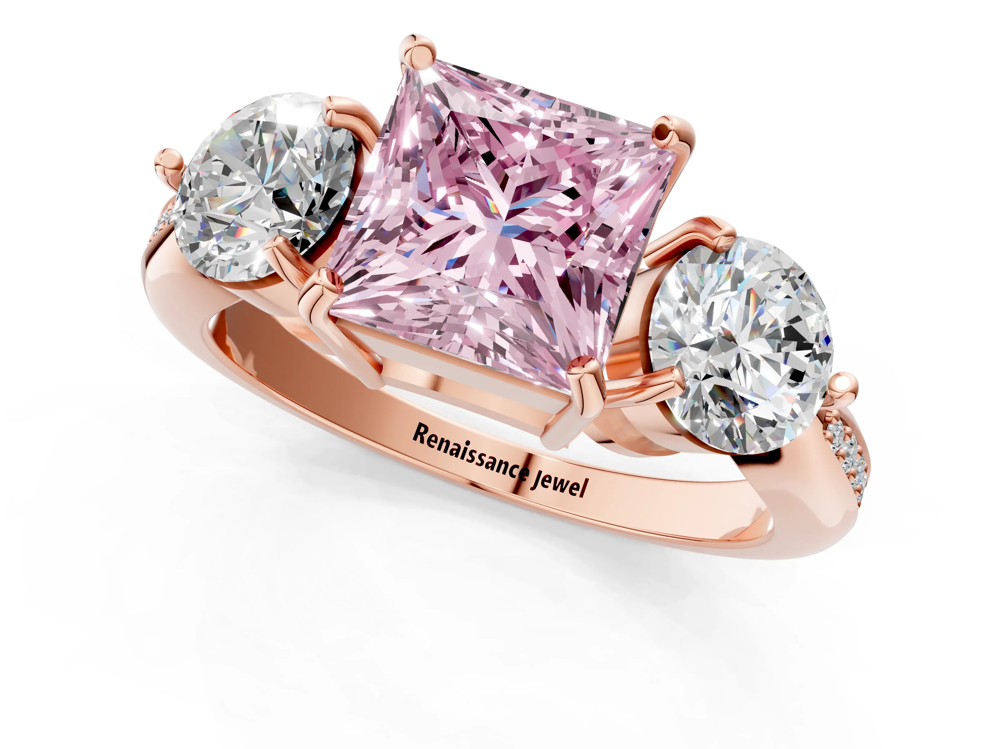 Rose gold Three-Stone Fancy Pink Princess Cut Diamond Channel Set Engagement Ring with Prong Setting_1
