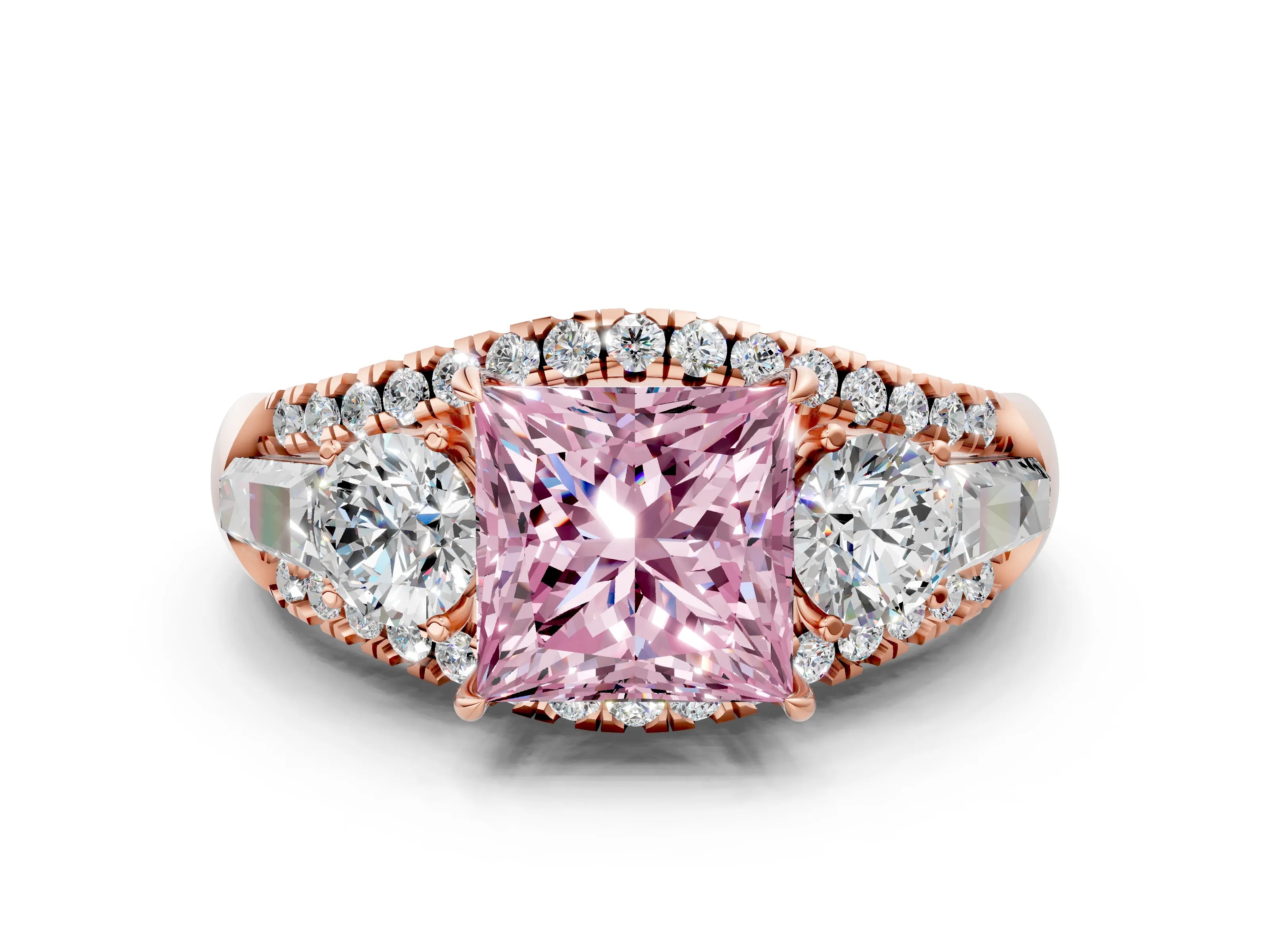 Rose gold Three-Stone Fancy Pink Princess Cut Diamond Engagement Ring with Pave Band and Prong Setting