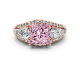 Rose gold Three-Stone Fancy Pink Princess Cut Diamond Engagement Ring with Pave Band and Prong Setting
