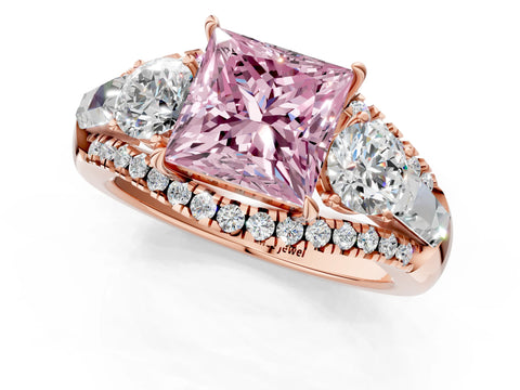 Rose gold Three-Stone Fancy Pink Princess Cut Diamond Engagement Ring with Pave Band and Prong Setting_1