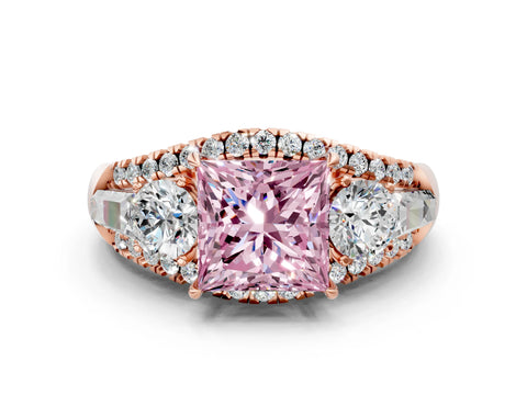 Rose gold Three-Stone Fancy Pink Princess Cut Diamond Engagement Ring with Pave Band and Prong Setting