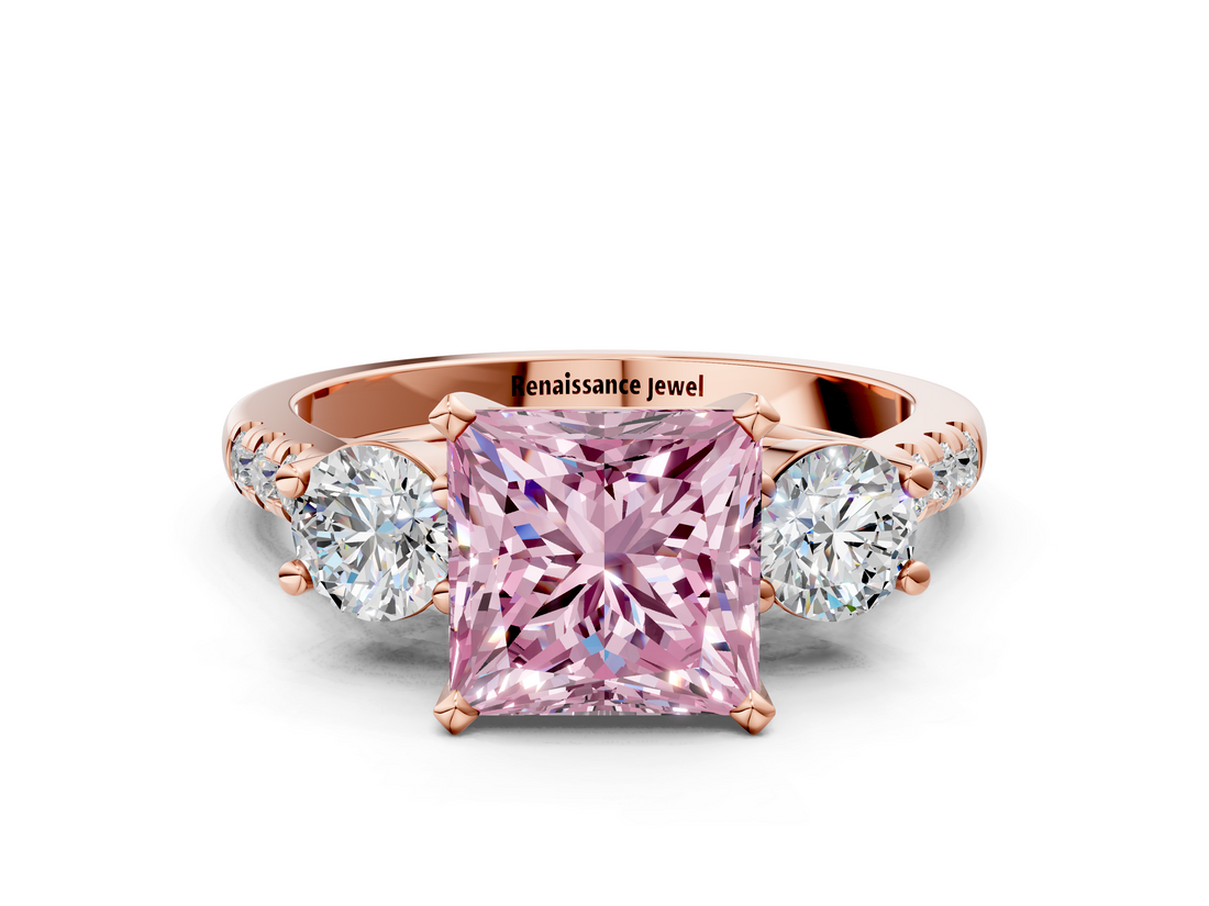 Rose gold Three-Stone Fancy Pink Princess  Cut Diamond Pavé Band with Four-Prong Setting