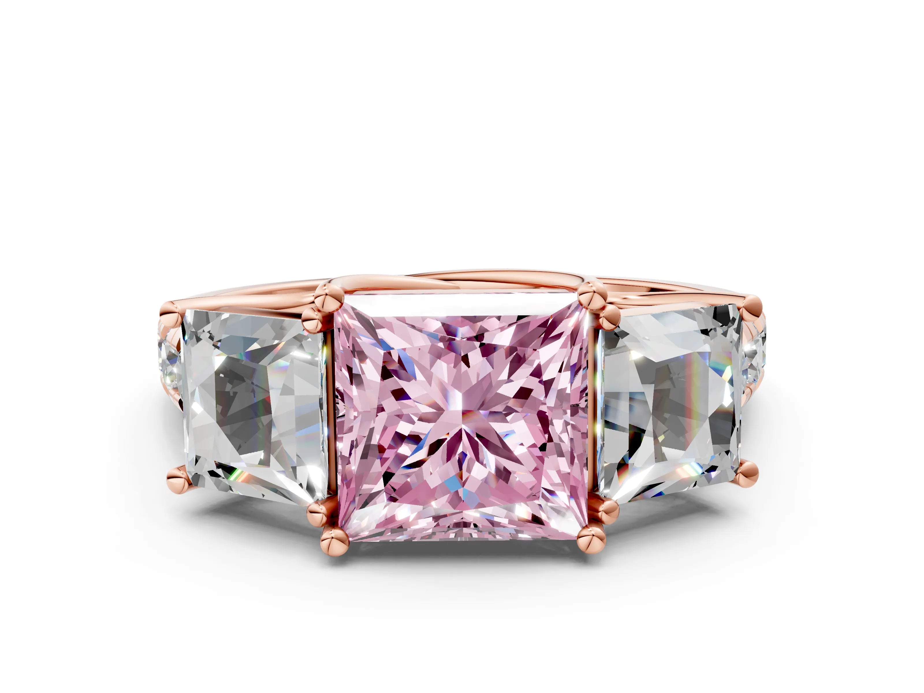 Rose gold Three-Stone Fancy Pink Princess Cut Diamond Pavé Band with Prong Setting