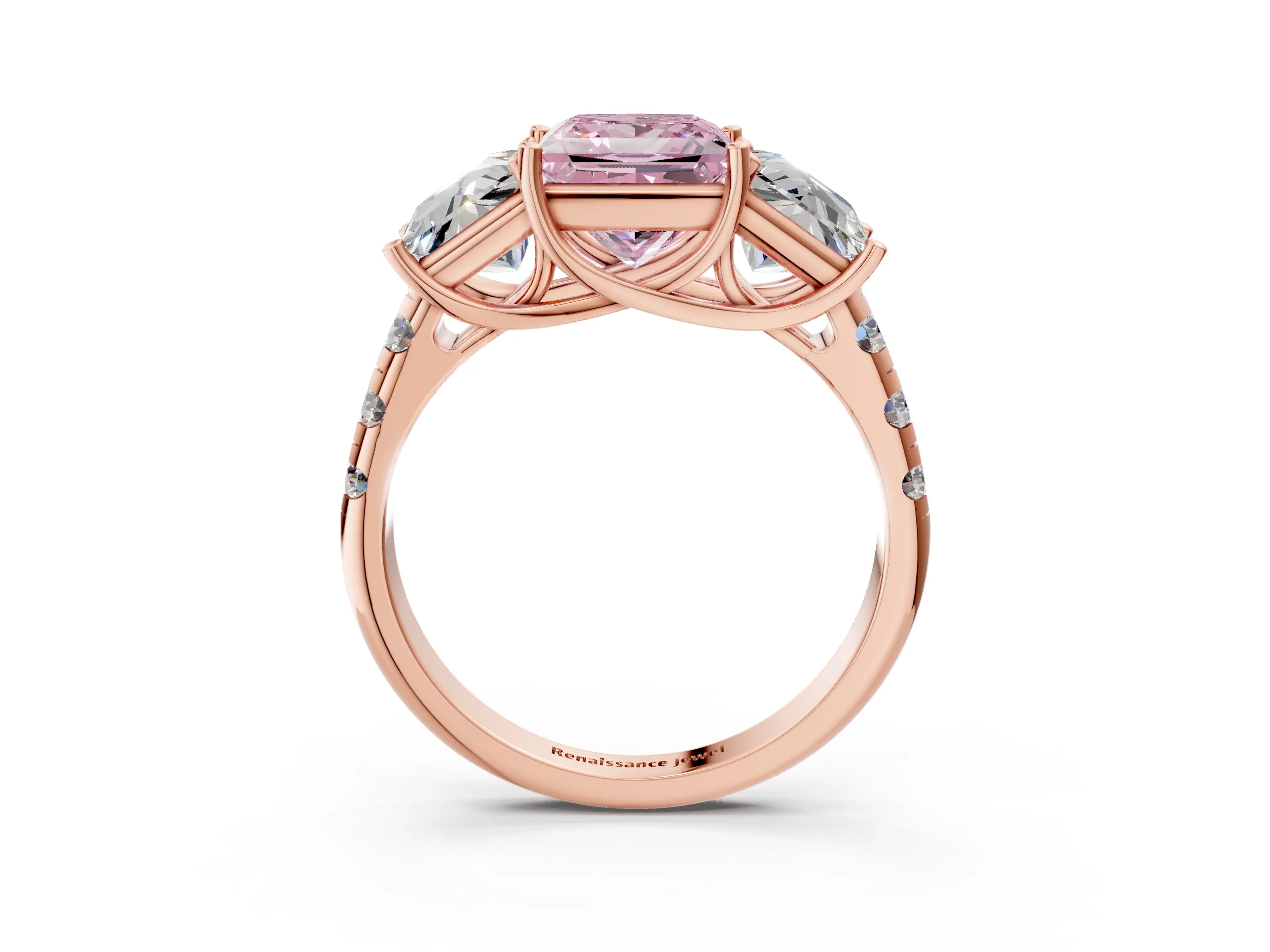 Rose gold Three-Stone Fancy Pink Princess Cut Diamond Pavé Band with Prong Setting_3