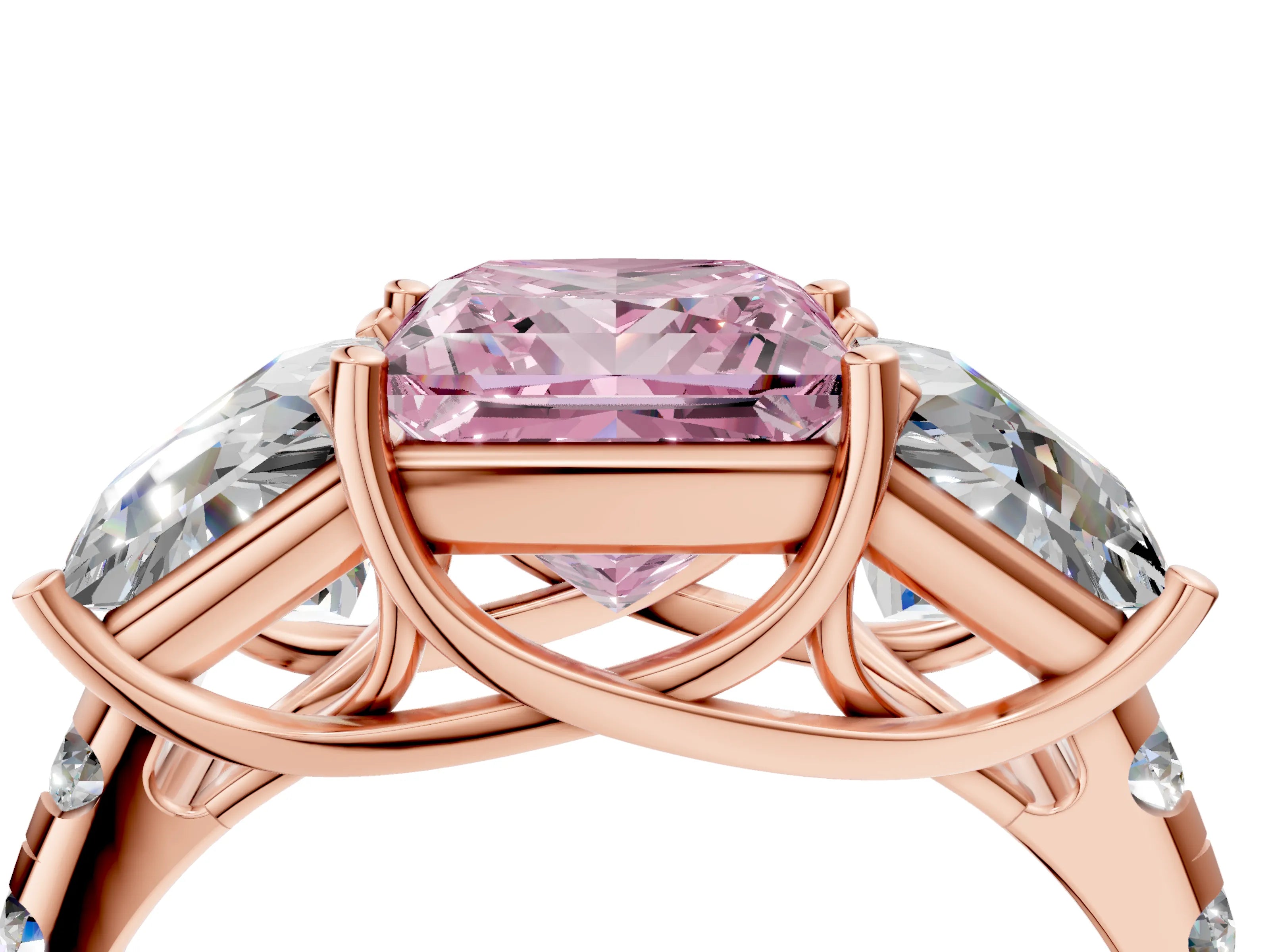 Rose gold Three-Stone Fancy Pink Princess Cut Diamond Pavé Band with Prong Setting_4