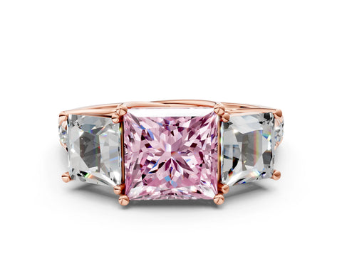 Rose gold Three-Stone Fancy Pink Princess Cut Diamond Pavé Band with Prong Setting