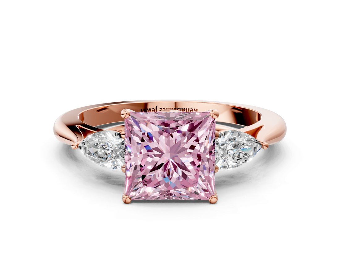 Rose gold Three-Stone Fancy Pink Princess  Cut Diamond Ring with Pear Side Stones in Four-Prong Setting