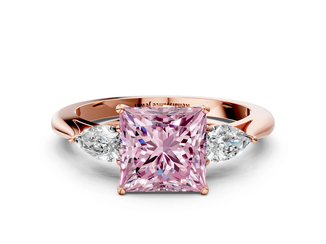 Rose gold Three-Stone Fancy Pink Princess Cut Diamond Ring with Pear  Side Stones in Four-Prong Setting_48