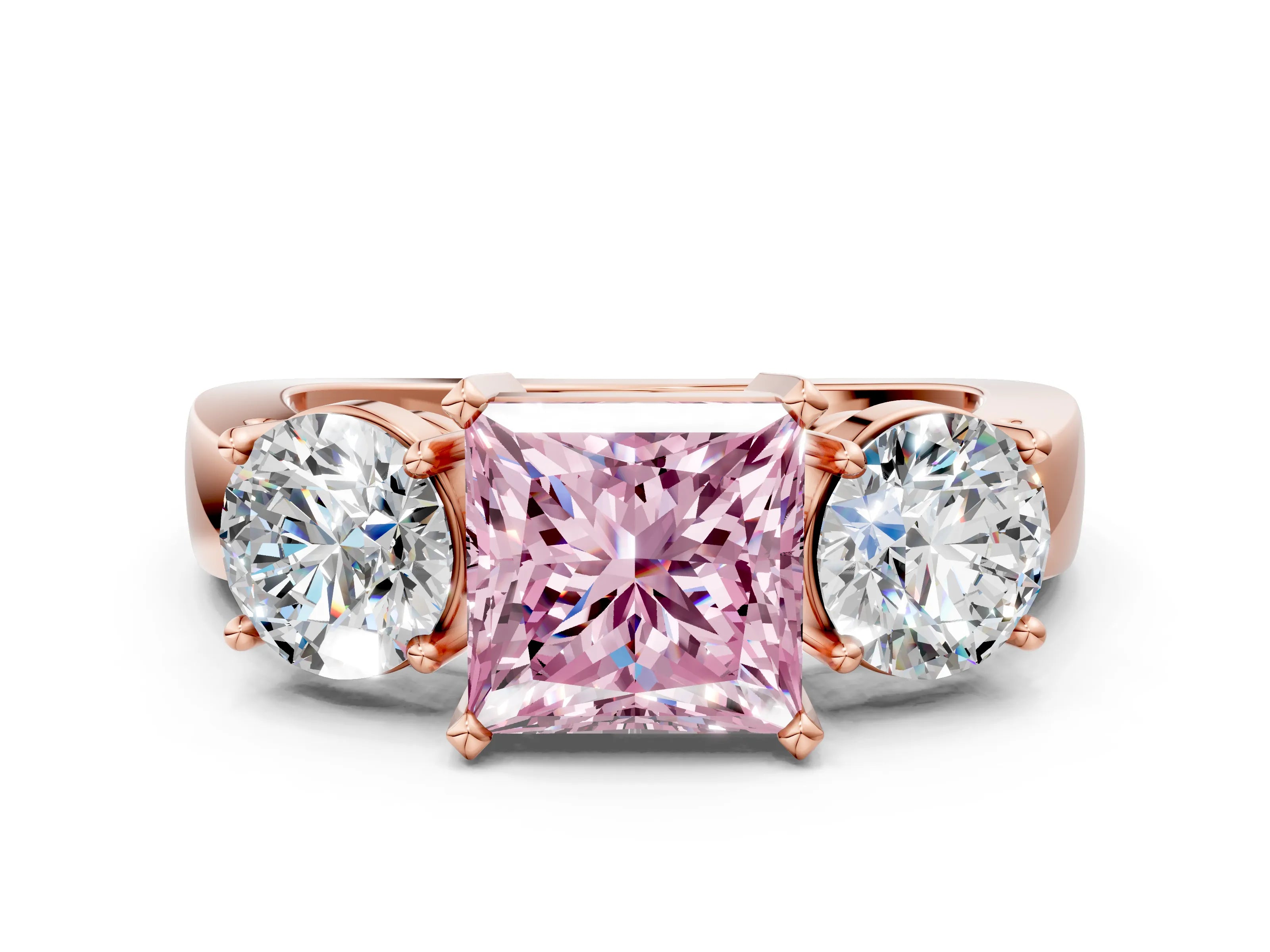 Rose gold Three-Stone Fancy Pink Princess Cut Diamond Ring with Round Side Stones, Classic Band, and Four-Prong Setting