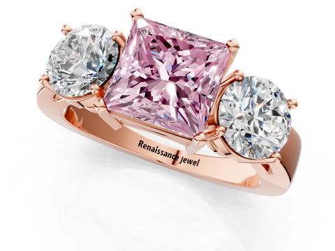 Rose gold Three-Stone Fancy Pink Princess Cut Diamond Ring with Round Side Stones, Classic Band, and Four-Prong Setting_1