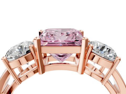 Rose gold Three-Stone Fancy Pink Princess Cut Diamond Ring with Round Side Stones, Classic Band, and Four-Prong Setting_4