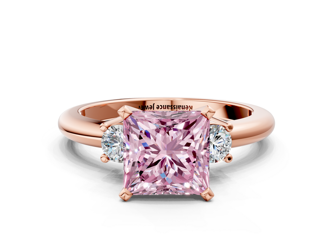 Rose gold Three-Stone Fancy Pink Princess  Cut Diamond Solitaire with Prong Setting and Classic Band