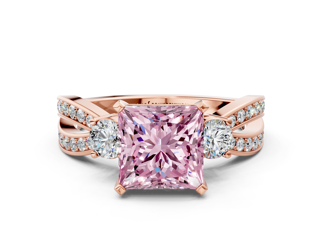 Rose gold Three-Stone Fancy Pink Princess  Cut Diamond Twist Band with Prong Setting