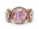Rose gold Three-Stone Fancy Pink Princess Cut Diamond Wave Pave Band with Prong Setting