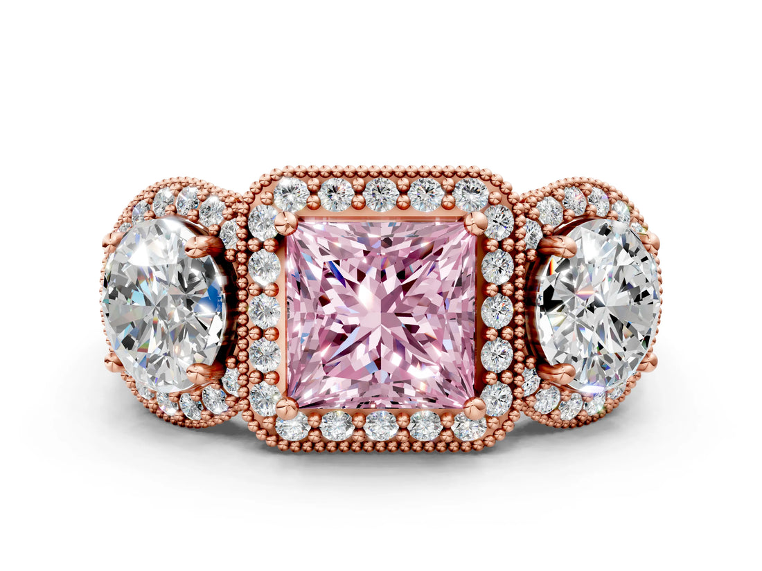 Rose gold Three-Stone Fancy Pink Princess Cut Halo Diamond Milgrain Band with Four-Prong Setting