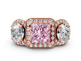 Rose gold Three-Stone Fancy Pink Princess Cut Halo Diamond Milgrain Band with Four-Prong Setting