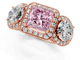 Rose gold Three-Stone Fancy Pink Princess Cut Halo Diamond Milgrain Band with Four-Prong Setting_1
