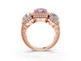 Rose gold Three-Stone Fancy Pink Princess Cut Halo Diamond Milgrain Band with Four-Prong Setting_3