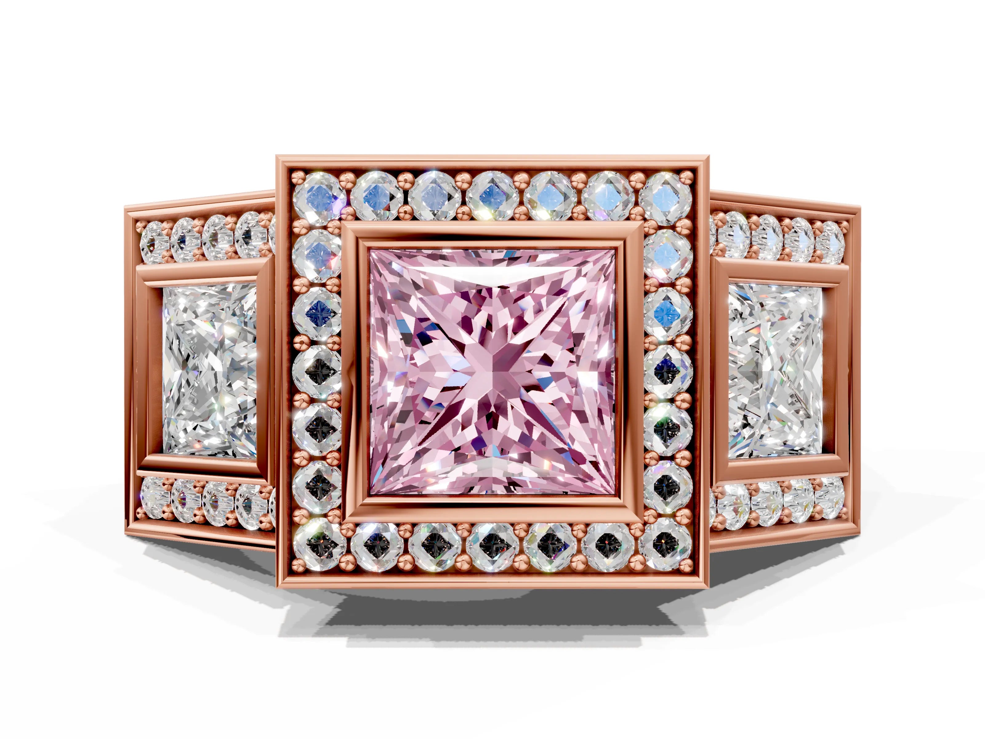 Rose gold Three-Stone Fancy Pink Princess Cut Halo Pavé Diamond Ring_12