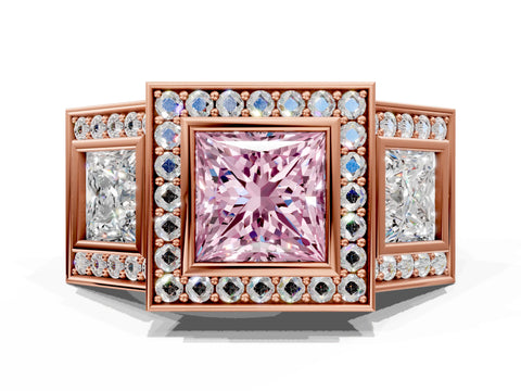 Rose gold Three-Stone Fancy Pink Princess Cut Halo Pavé Diamond Ring_12