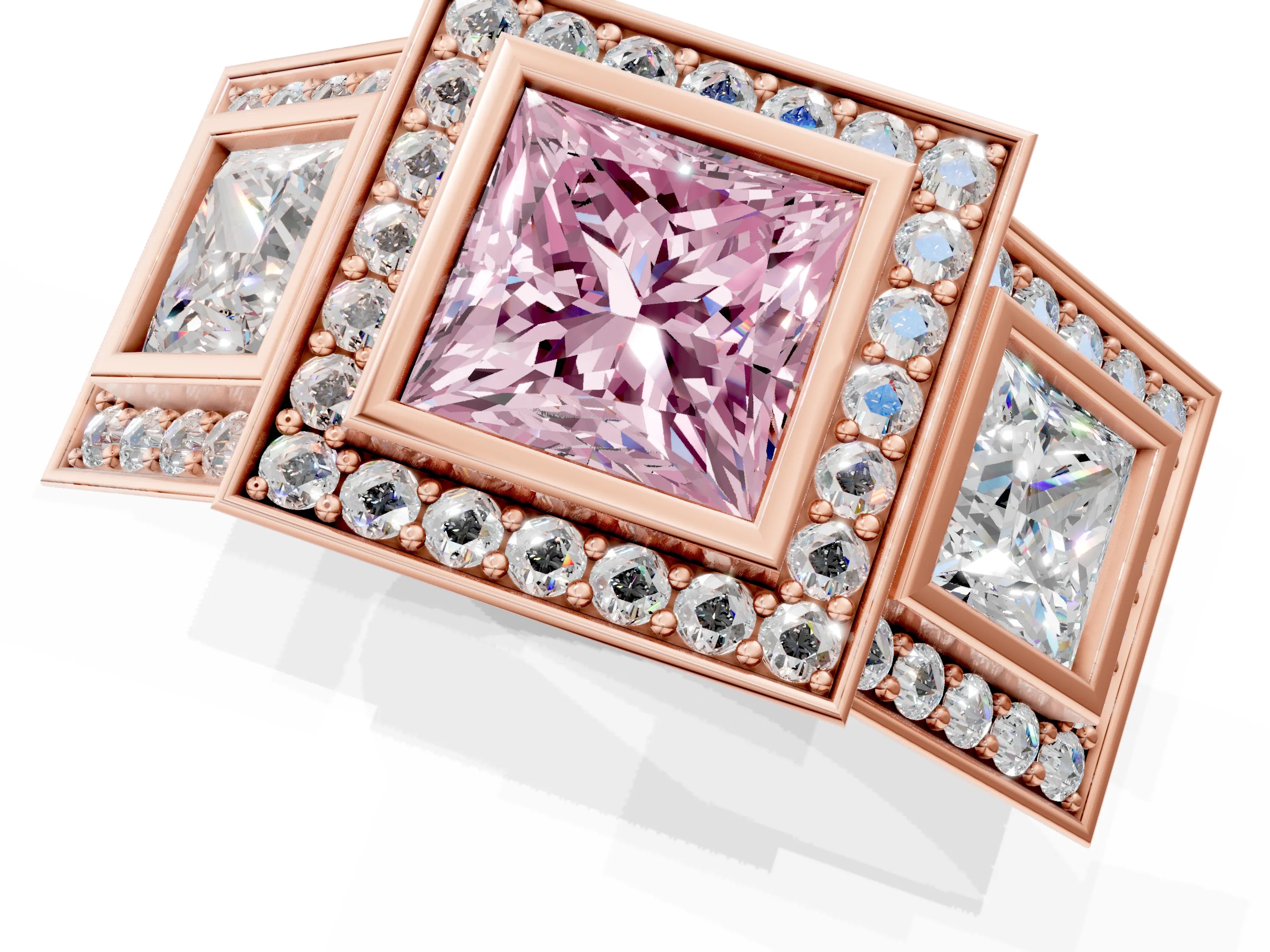 Rose gold Three-Stone Fancy Pink Princess Cut Halo Pavé Diamond Ring_13