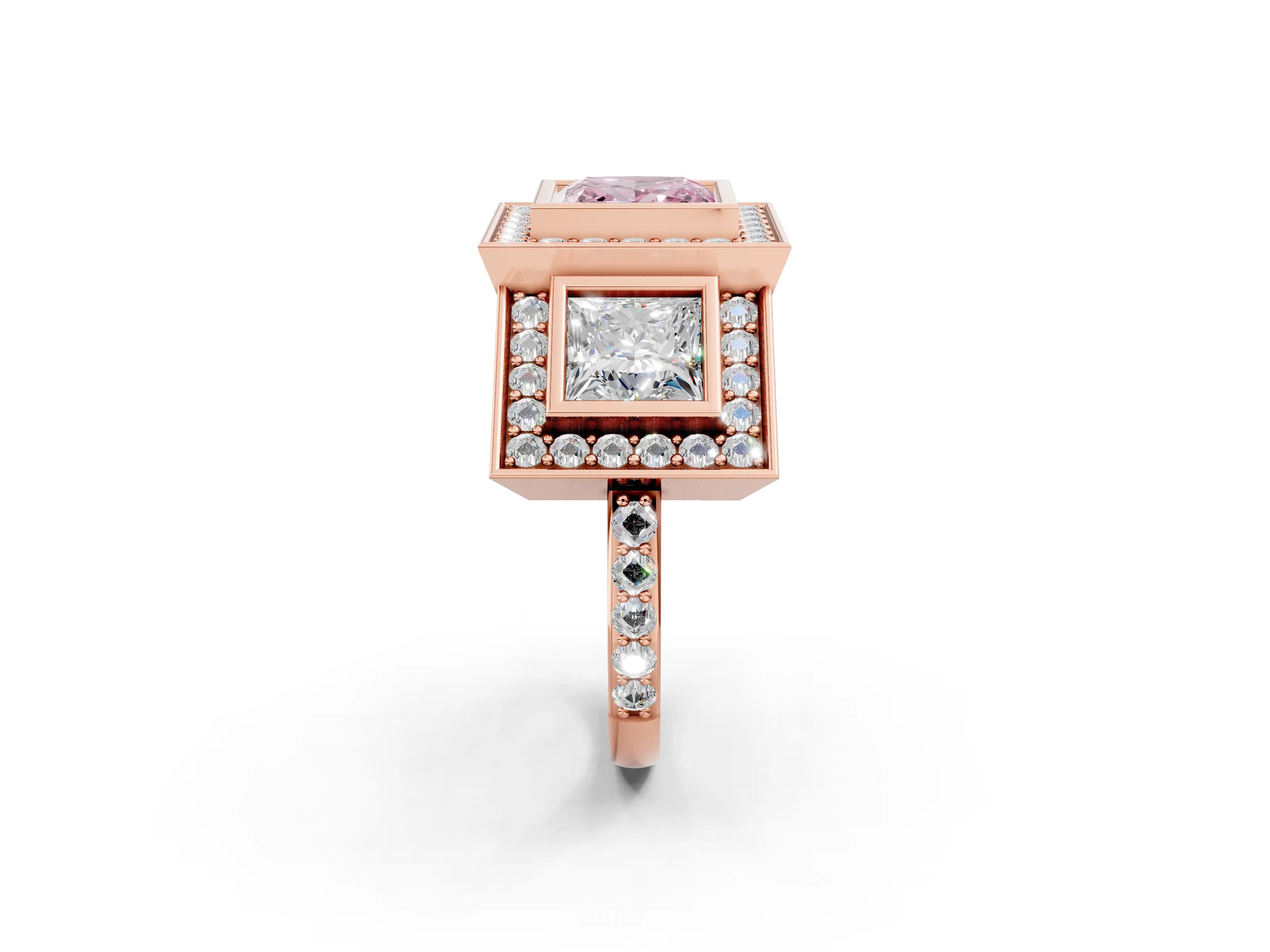 Rose gold Three-Stone Fancy Pink Princess Cut Halo Pavé Diamond Ring_14