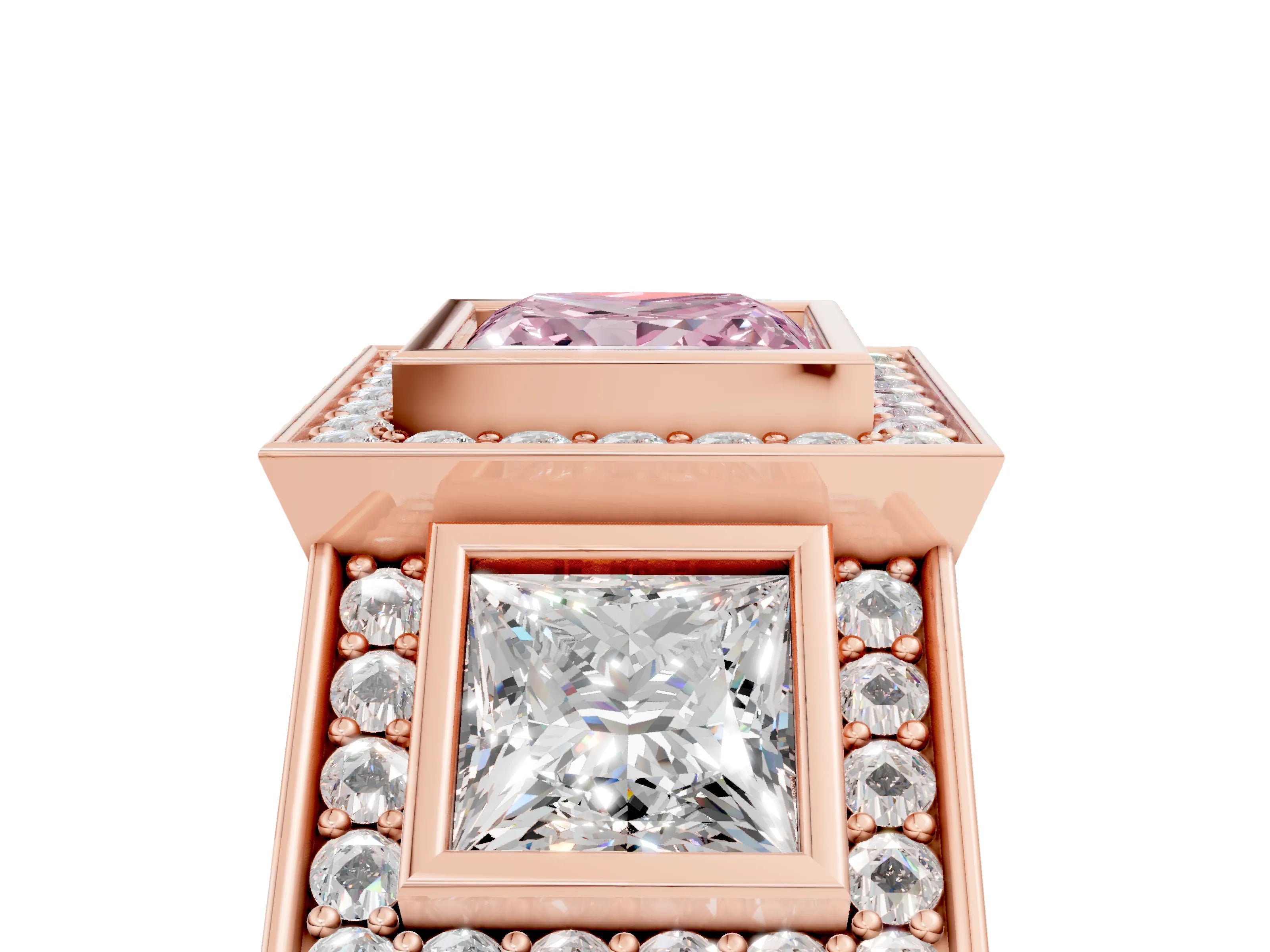 Rose gold Three-Stone Fancy Pink Princess Cut Halo Pavé Diamond Ring_17