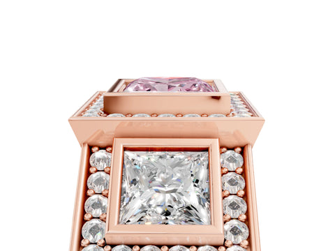 Rose gold Three-Stone Fancy Pink Princess Cut Halo Pavé Diamond Ring_17