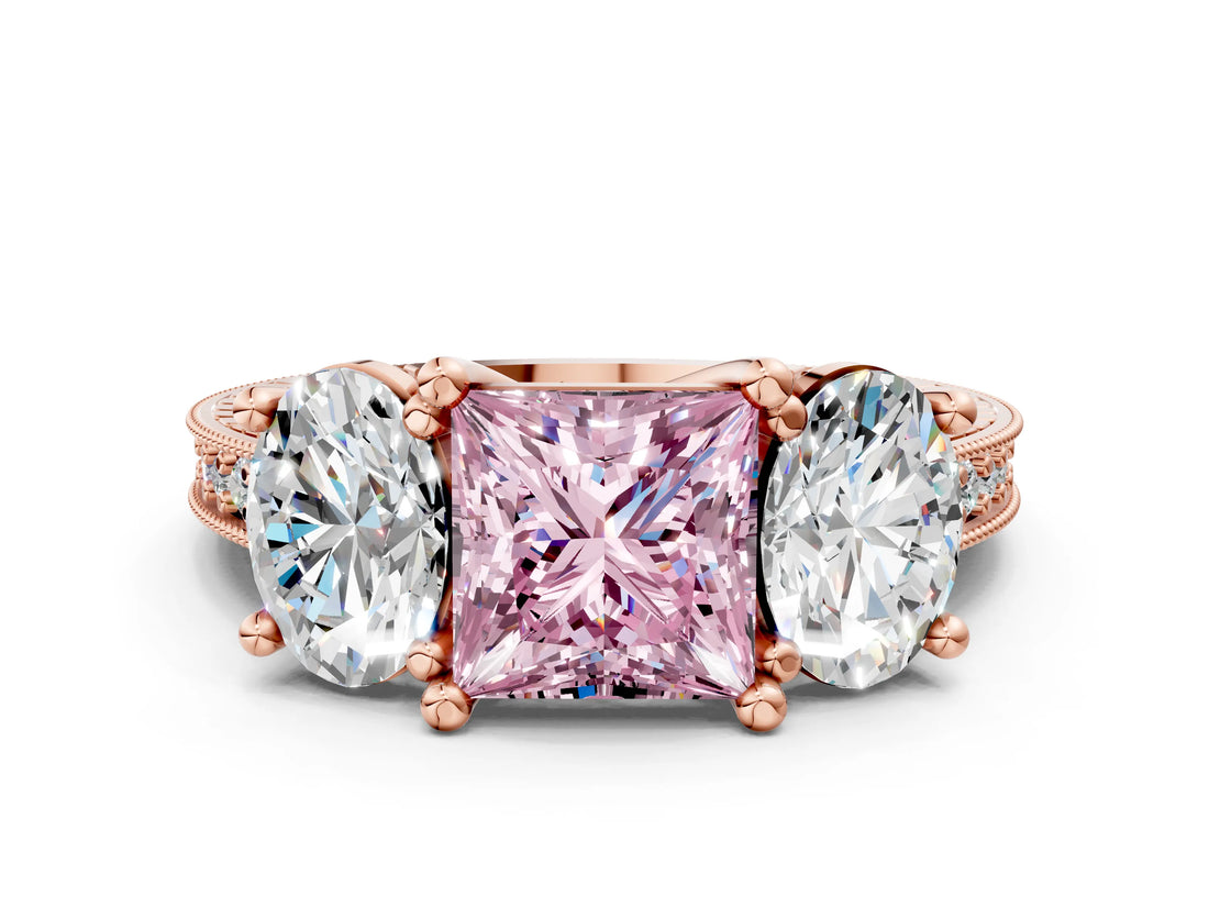 Rose gold Three-Stone Fancy Pink Princess  Diamond Milgrain Pave Band with Prong Setting