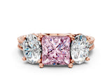 Rose gold Three-Stone Fancy Pink Princess  Diamond Milgrain Pave Band with Prong Setting