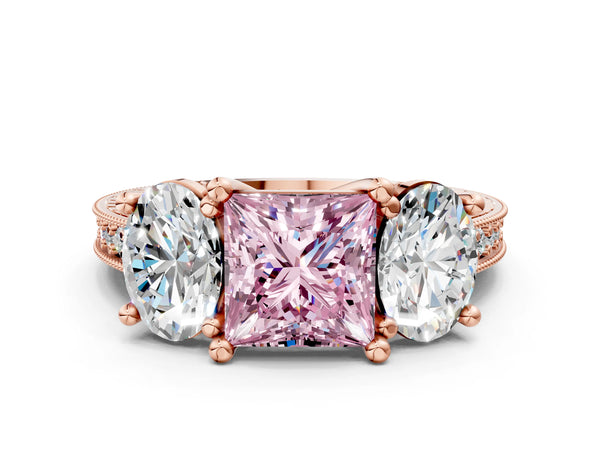 Rose Gold Princess Cut Three-Stone Engagement Ring Setting for Fancy Pink Center with Pave Band