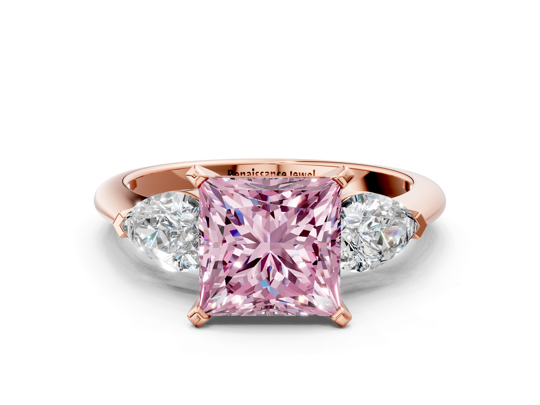 Rose gold Three-Stone Fancy Pink Princess  Diamond Ring with Pear Side Stones in Four-Prong Setting