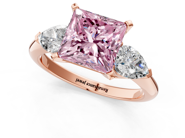 Rose gold Three-Stone Fancy Pink Princess Cut Diamond Ring with Pear Side Stones and Four-Prong Setting