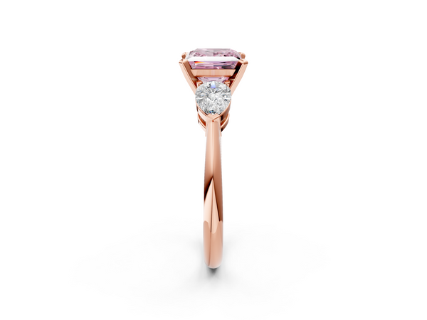 Rose gold Three-Stone Fancy Pink Princess Cut Diamond Ring with Pear Side Stones and Four-Prong Setting